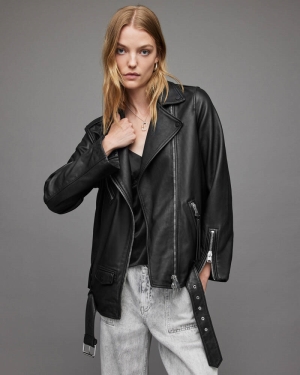 Black Allsaints Billie Oversized Leather Biker Jacket | WL029X-5