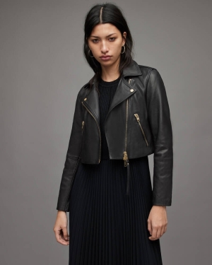 Black Allsaints Dalby Cropped Leather Biker Jacket | WL169X-5