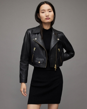 Black Allsaints Elora Cropped Leather Biker Jacket | WL166X-5