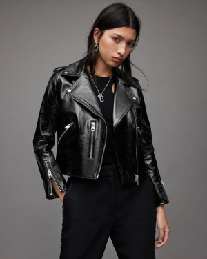 Black Allsaints Fern Shiny Leather Biker Jacket | WL148X-5