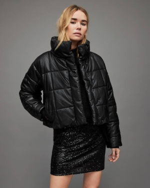 Black Allsaints Petra Leather Puffer Jacket | WL091X-5