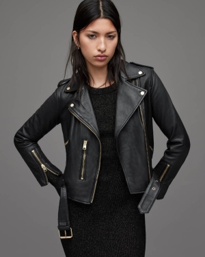 Black/Gold Allsaints Balfern Gold Leather Biker Jacket | WL154W-5108