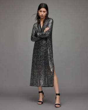 Black/Silver Allsaints Juela Dia Sequin Dress | WD174X-399