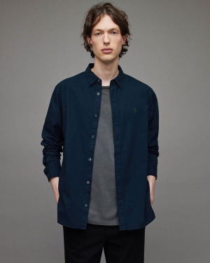 Dark Navy Blue Allsaints Hawthorne Ramskull Stretch Fit Shirt | MS107X-4378