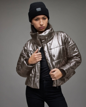 Gunmetal Allsaints Petra Metallic Leather Puffer Jacket | WL146X-93