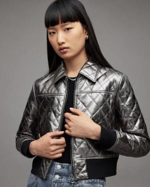 Gunmetal Allsaints Quinn Metallic Leather Bomber Jacket | WL161X-93