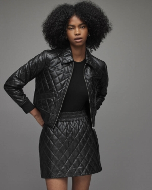 High Shine Black Allsaints Quinn Quilted Leather Bomber Jacket | WL042X-7743