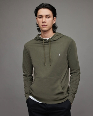 Khaki Green Allsaints Brace Pullover Brushed Cotton Hoodie | MF039X-3836