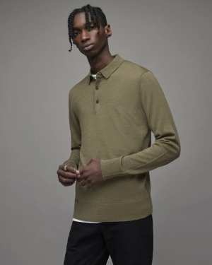 Olive Green Marl Allsaints Mode Merino Long Sleeve Polo Shirt | MK179X-4129