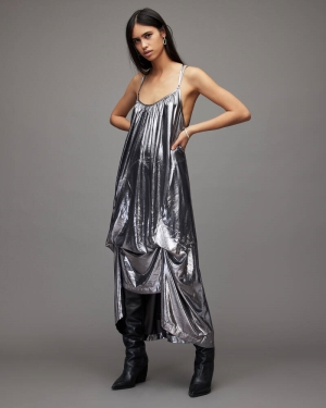 Silver Allsaints Areena Metallic Maxi Dress | WD258X-34