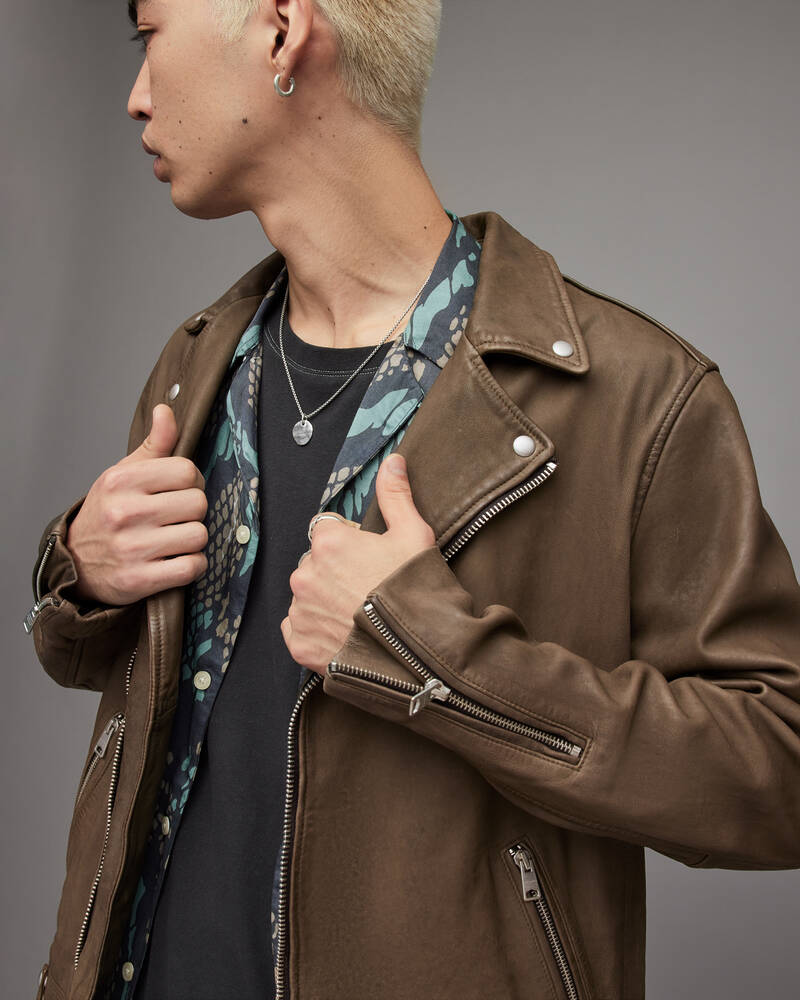 Aged Khaki Green Allsaints Milo Leather Biker Jacket | ML066W-7351