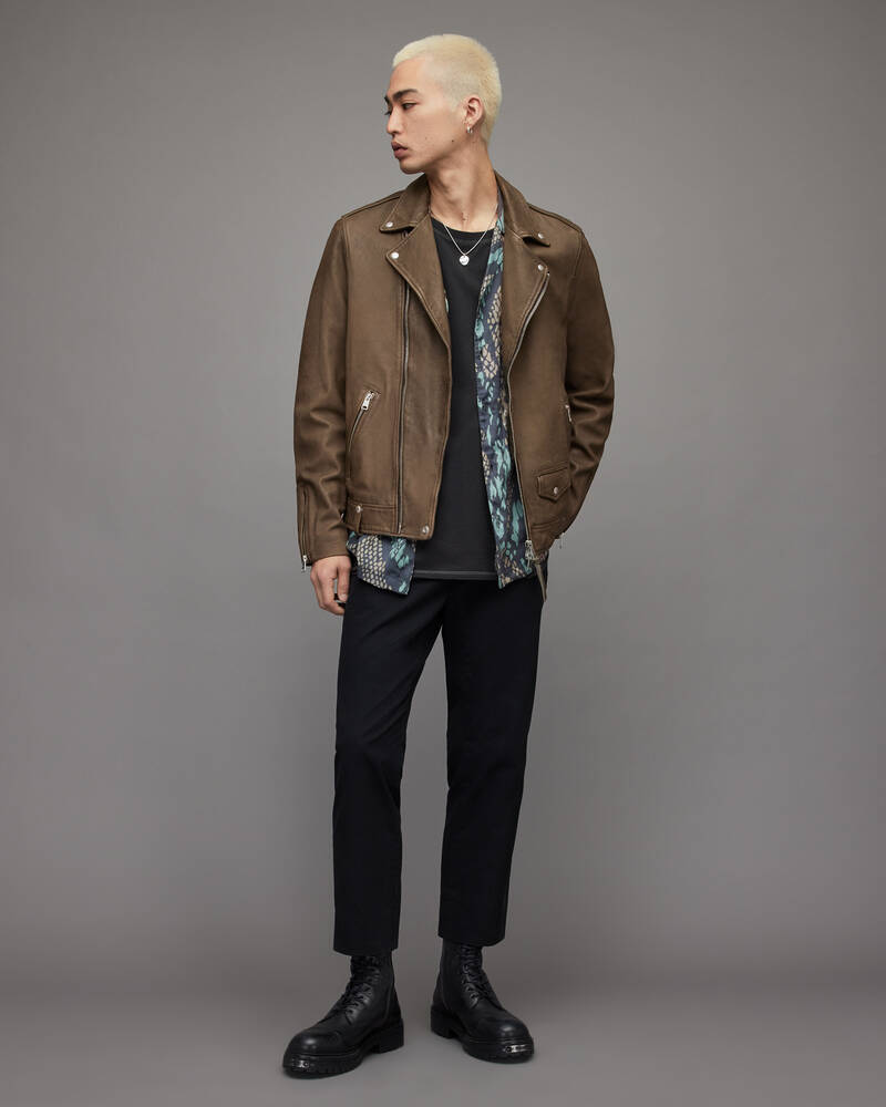 Aged Khaki Green Allsaints Milo Leather Biker Jacket | ML066W-7351