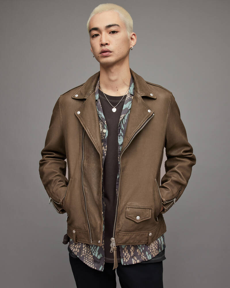 Aged Khaki Green Allsaints Milo Leather Biker Jacket | ML066W-7351