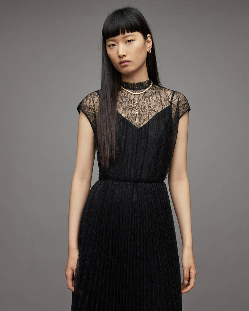 Black Allsaints Arya Lace Midi Dress | WD273X-5