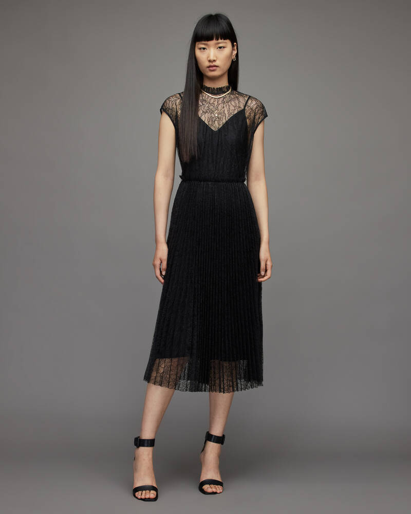 Black Allsaints Arya Lace Midi Dress | WD273X-5