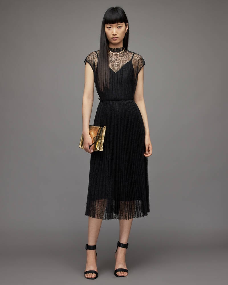 Black Allsaints Arya Lace Midi Dress | WD273X-5