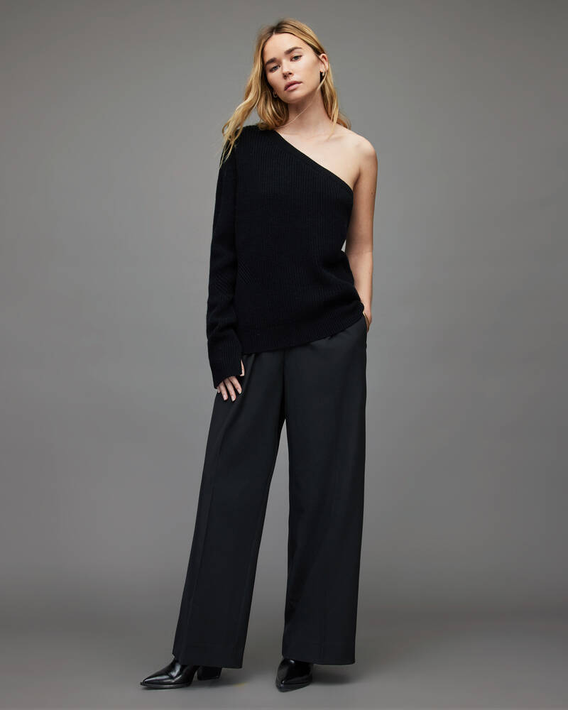 Black Allsaints Asymmetric One Shoulder Ribbed Sweater | WK099X-5