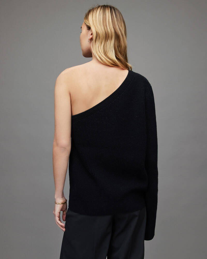 Black Allsaints Asymmetric One Shoulder Ribbed Sweater | WK099X-5