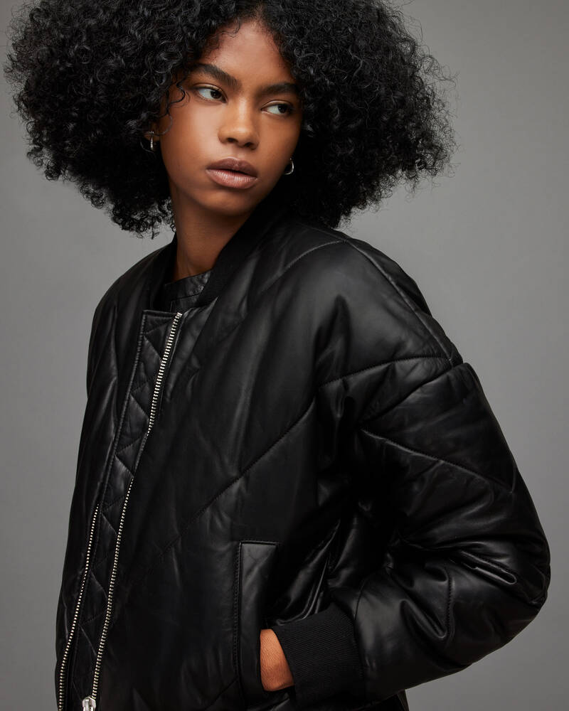 Black Allsaints Bailey Cropped Leather Puffer Jacket | WL012X-5