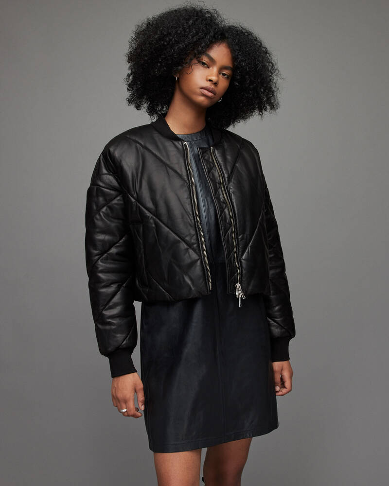 Black Allsaints Bailey Cropped Leather Puffer Jacket | WL012X-5