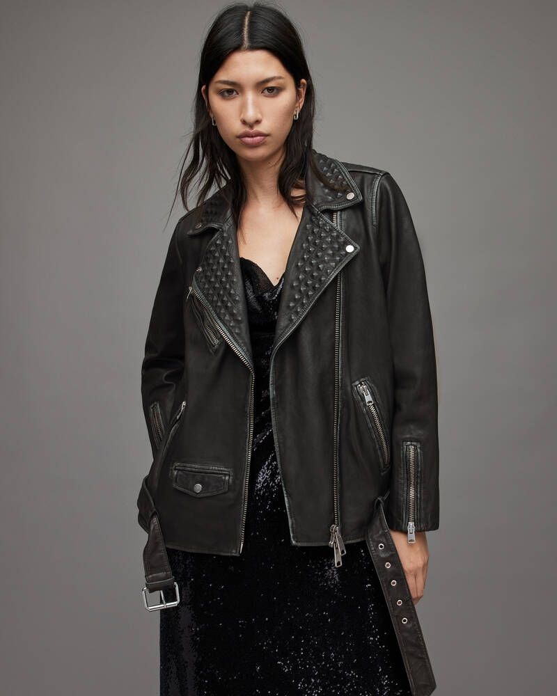 Black Allsaints Billie Leather Studded Biker Jacket | WL139X-5