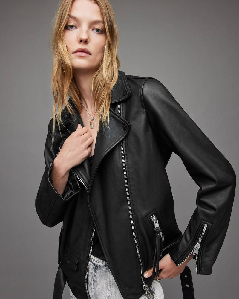 Black Allsaints Billie Oversized Leather Biker Jacket | WL029X-5