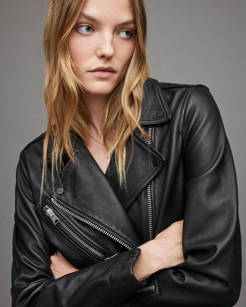 Black Allsaints Billie Oversized Leather Biker Jacket | WL029X-5