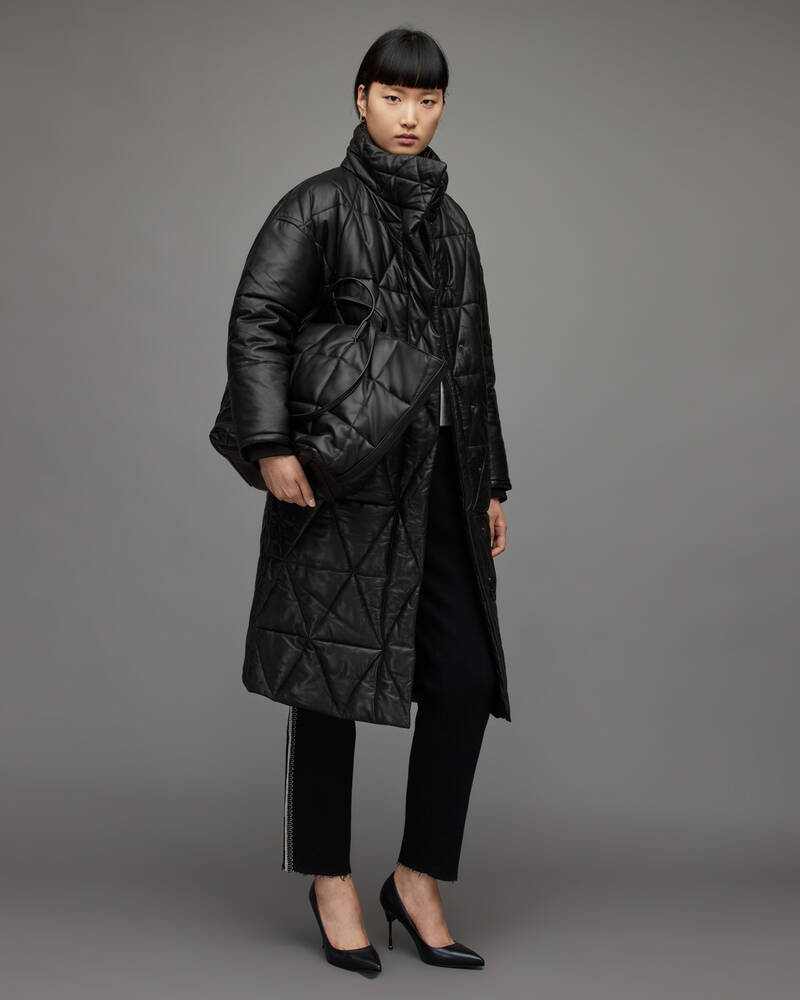 Black Allsaints Bon Oversized Leather Puffer Coat | WL136X-5