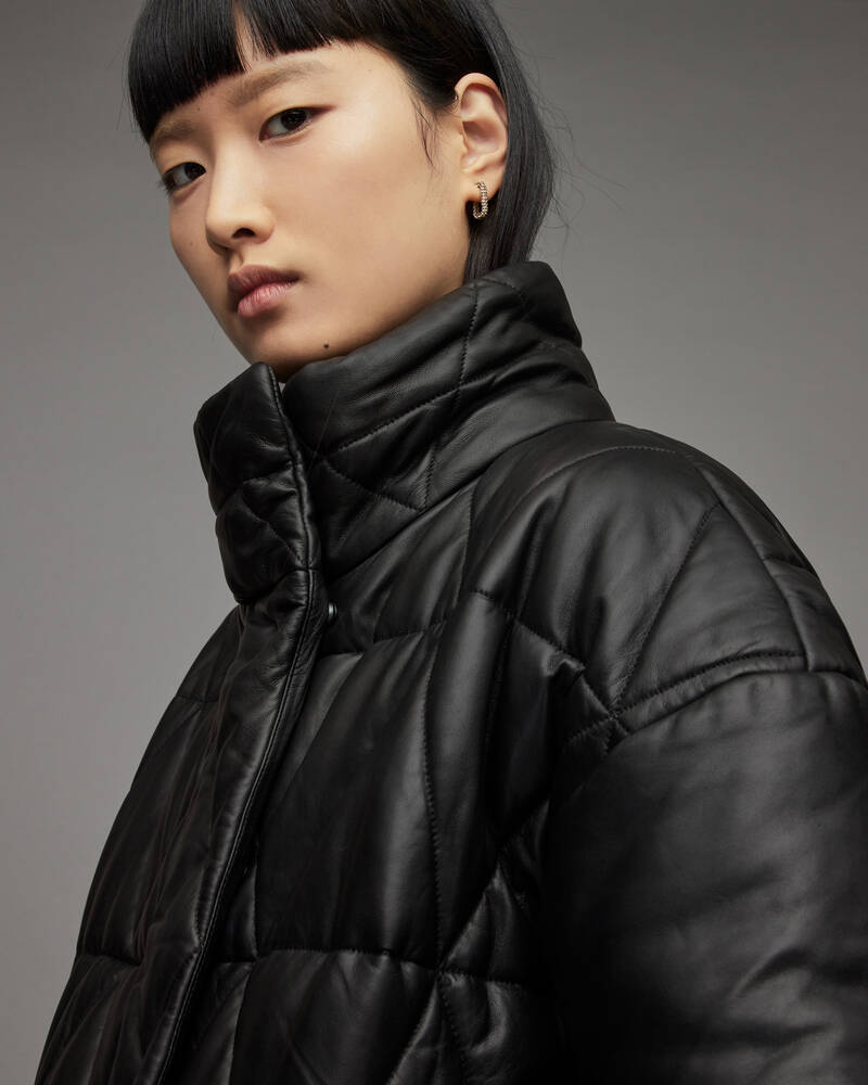 Black Allsaints Bon Oversized Leather Puffer Coat | WL136X-5