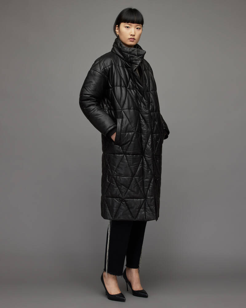 Black Allsaints Bon Oversized Leather Puffer Coat | WL136X-5