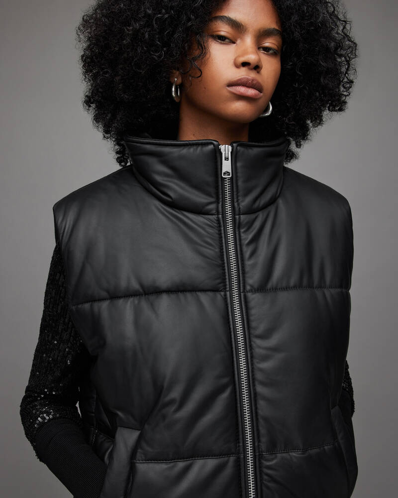 Black Allsaints Bradbury Leather Puffer Gilet | WL048X-5