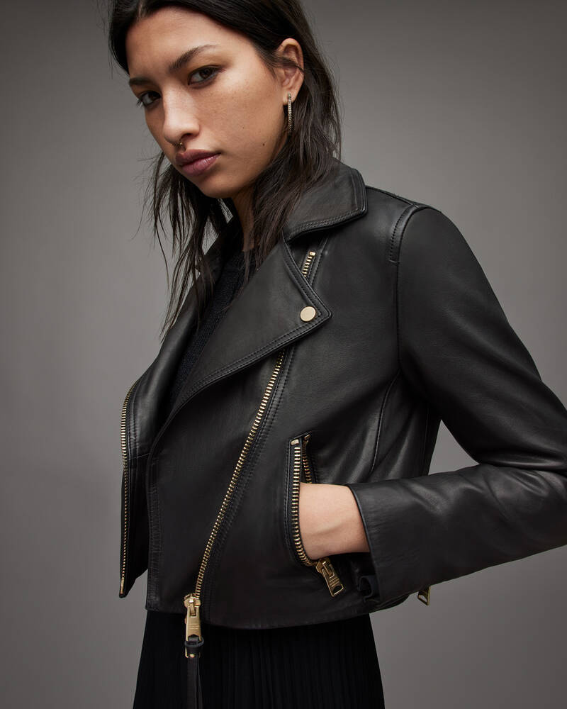 Black Allsaints Dalby Cropped Leather Biker Jacket | WL169X-5