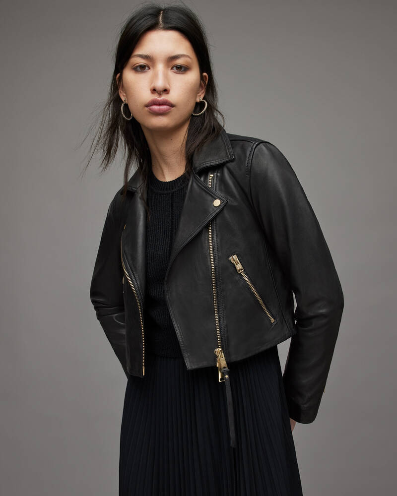 Black Allsaints Dalby Cropped Leather Biker Jacket | WL169X-5