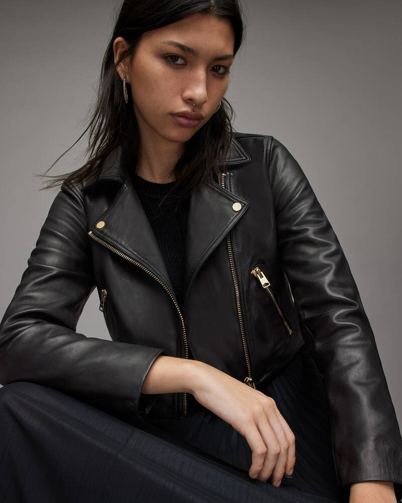 Black Allsaints Dalby Cropped Leather Biker Jacket | WL169X-5