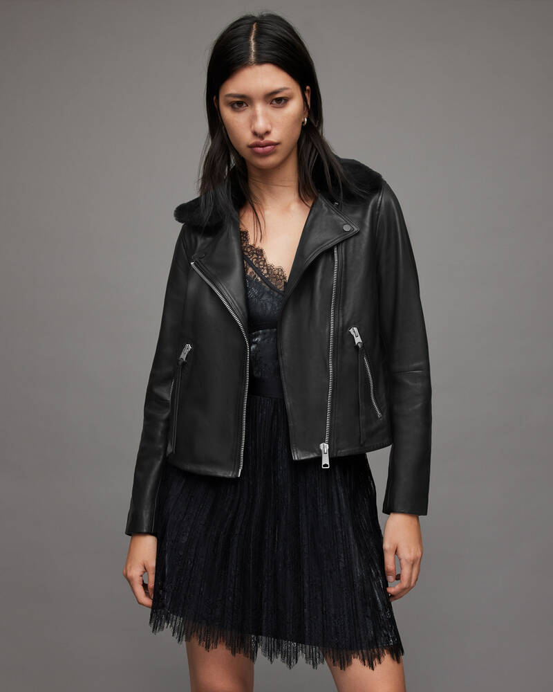 Black Allsaints Dalby Sherpa Collar Leather Biker Jacket | WL138X-5