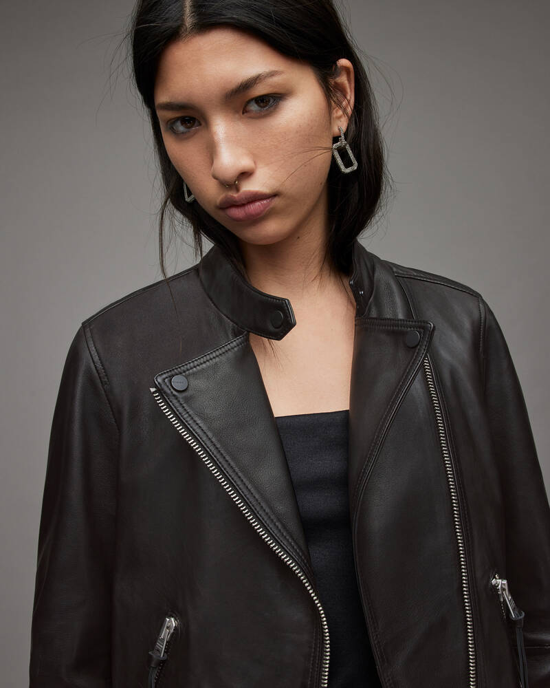 Black Allsaints Dalby Tab Neck Leather Biker Jacket | WL168X-5