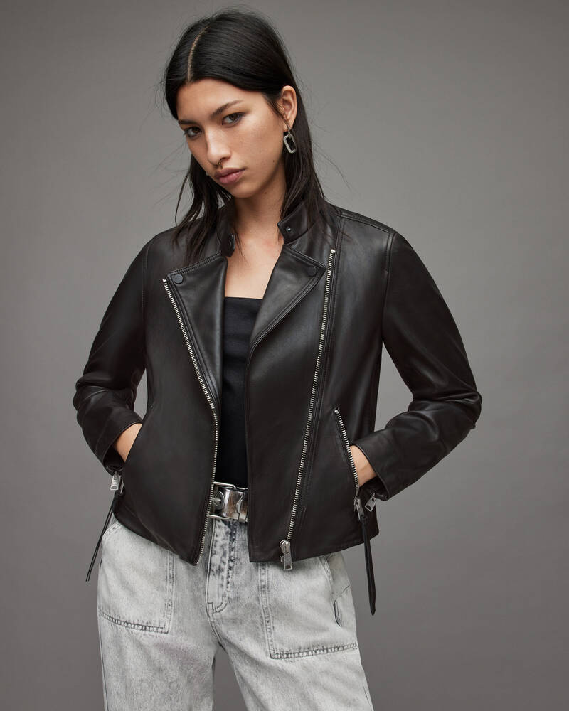 Black Allsaints Dalby Tab Neck Leather Biker Jacket | WL168X-5