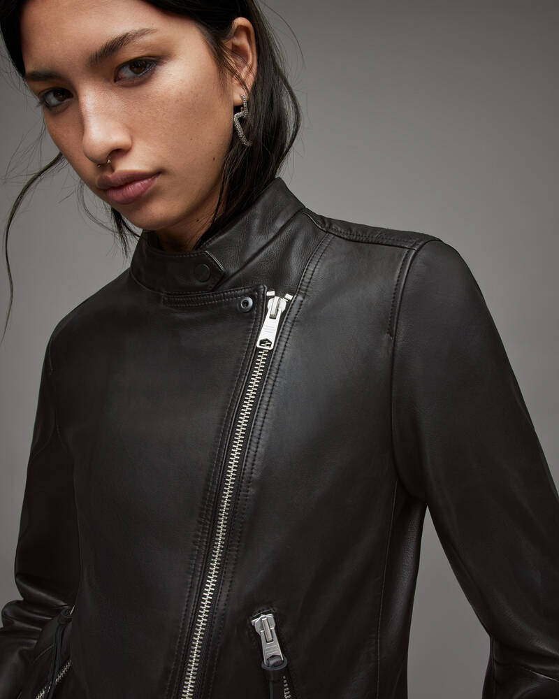 Black Allsaints Dalby Tab Neck Leather Biker Jacket | WL168X-5