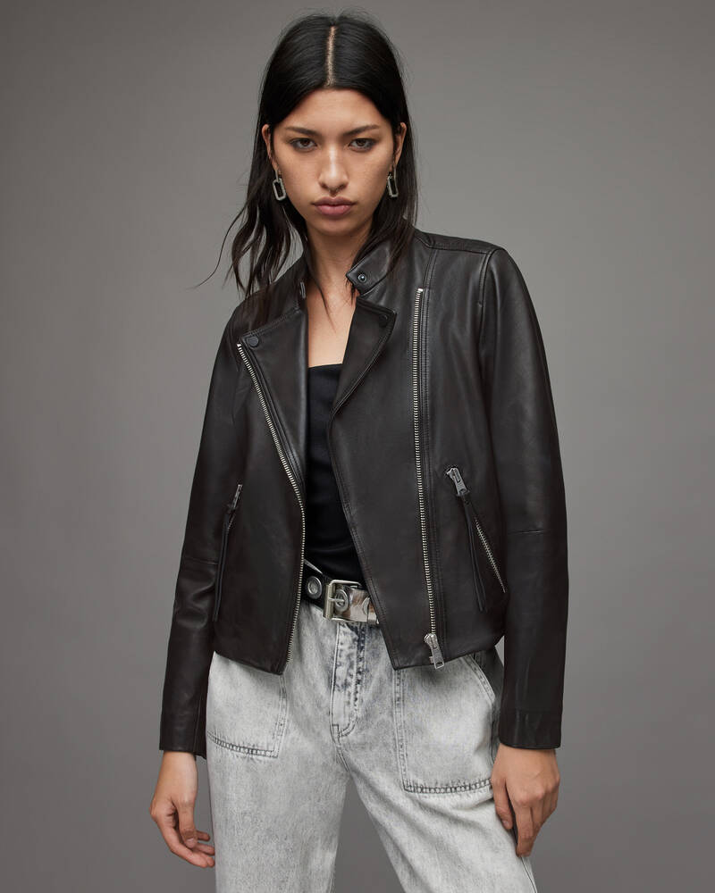 Black Allsaints Dalby Tab Neck Leather Biker Jacket | WL168X-5