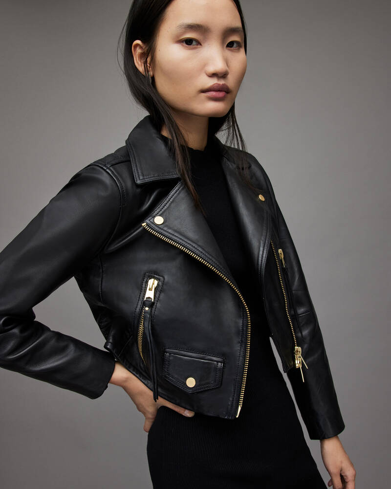 Black Allsaints Elora Cropped Leather Biker Jacket | WL166X-5