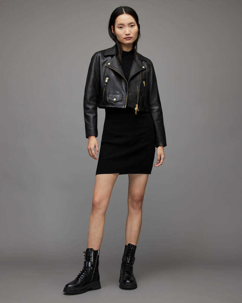 Black Allsaints Elora Cropped Leather Biker Jacket | WL166X-5