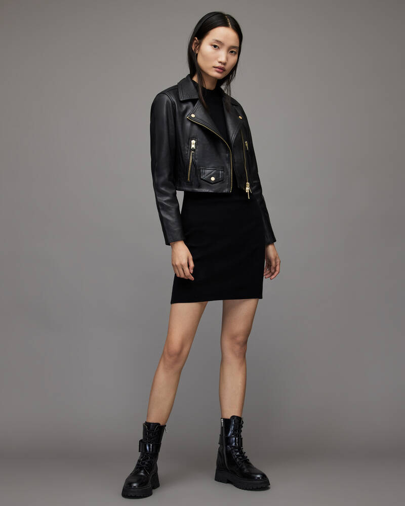 Black Allsaints Elora Cropped Leather Biker Jacket | WL166X-5