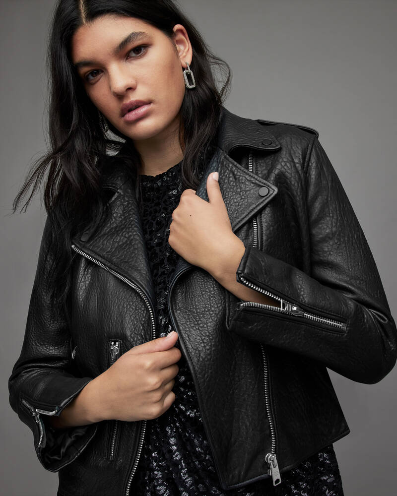 Black Allsaints Fern Leather Bubble Biker Jacket | WL149X-5