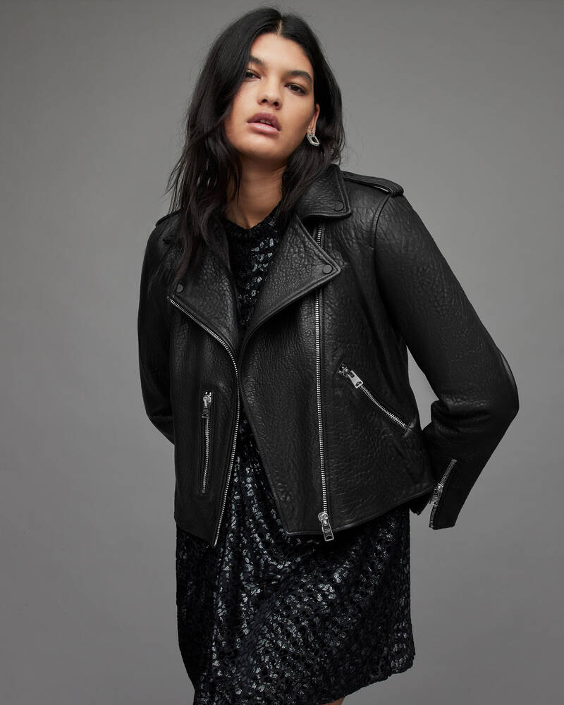 Black Allsaints Fern Leather Bubble Biker Jacket | WL149X-5