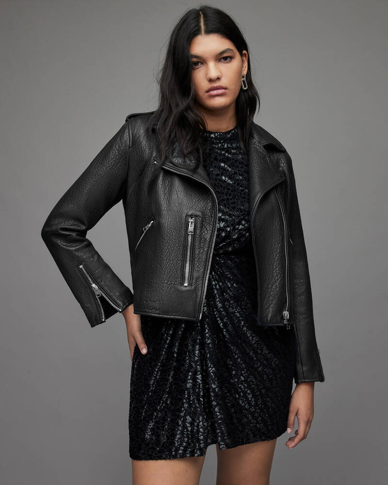 Black Allsaints Fern Leather Bubble Biker Jacket | WL149X-5