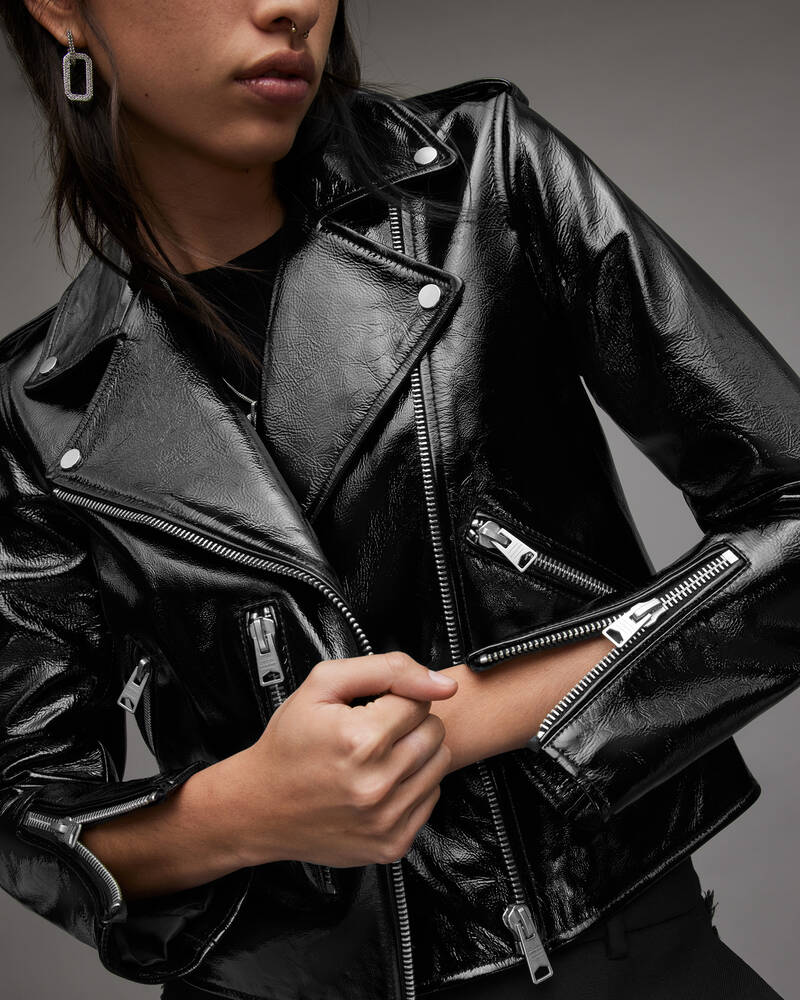 Black Allsaints Fern Shiny Leather Biker Jacket | WL148X-5