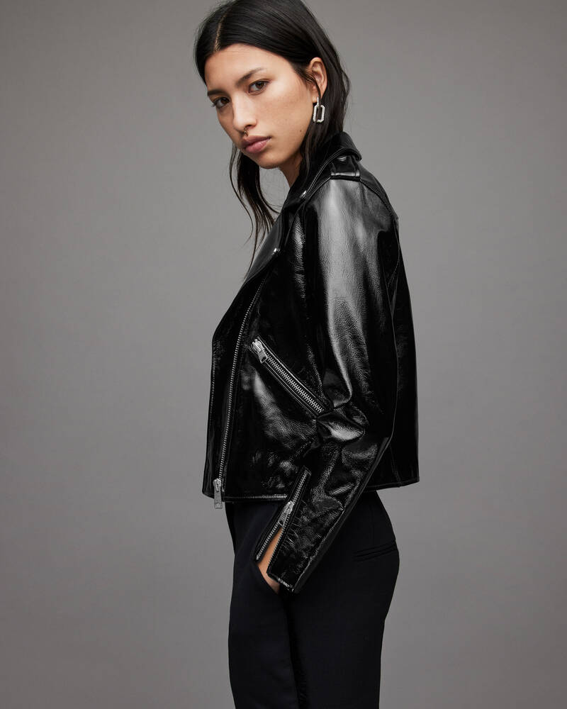 Black Allsaints Fern Shiny Leather Biker Jacket | WL148X-5