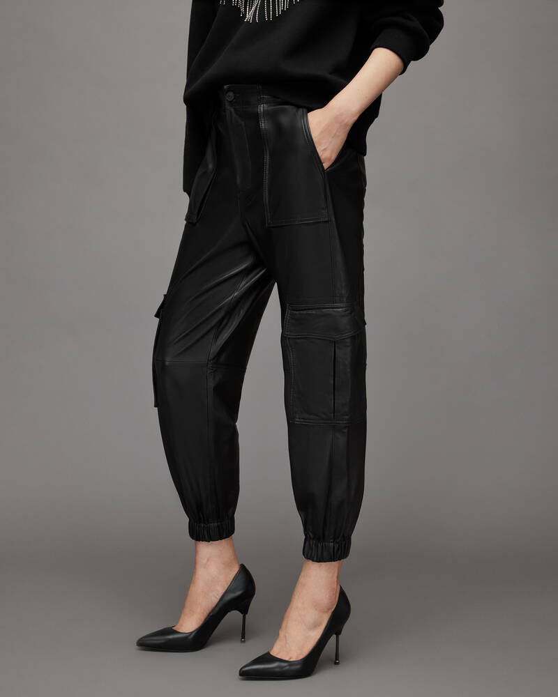 Black Allsaints Freida High Rise Leather Cargo Trousers | WL033Y-5