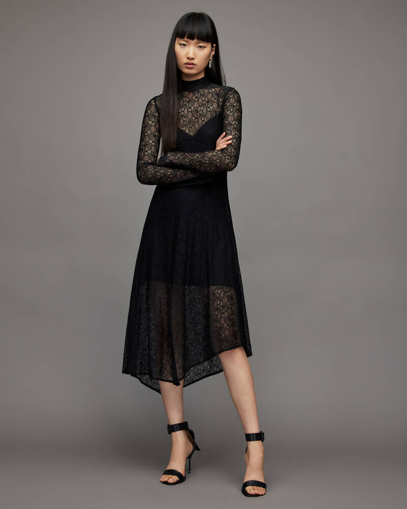 Black Allsaints Hanna Lace Midi Dress | WD038Y-5