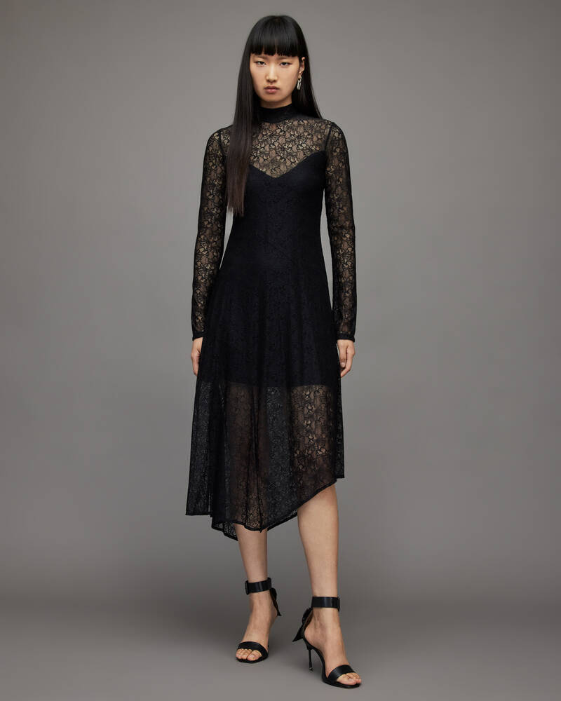 Black Allsaints Hanna Lace Midi Dress | WD038Y-5